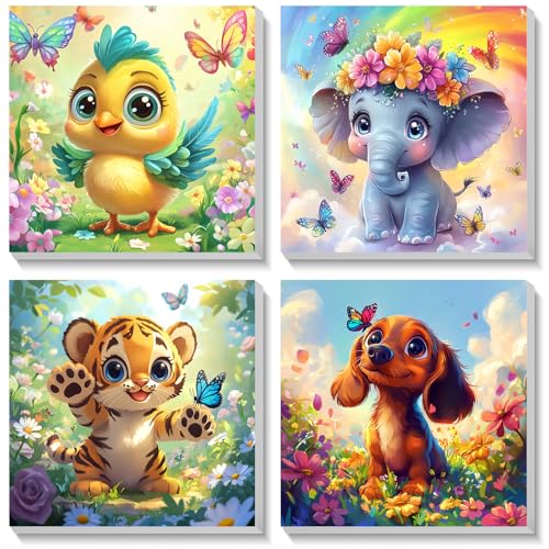 Bowetile 4 Stück Tiere Malen Nach Zahlen Kinder mit Rahmen, Malen Nach Zahlen Kinder mit Rahmen ab 4-8-12+, DIY Gemäide Bastelset auf Leinwand mit Pinseln und Acrylpigment für Home Décor，20x20cm von Bowetile