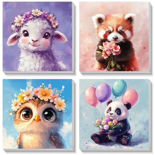 Bowetile 4 Stück Tiere Malen Nach Zahlen Kinder mit Rahmen, Malen Nach Zahlen Kinder mit Rahmen ab 4-8-12+, Diy Gemäide Bastelset auf Leinwand mit Pinseln und Acrylpigment für Home Décor 20x20cm von Bowetile