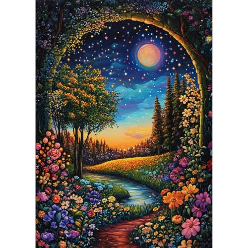 Bowetile 5D DIY Diamond Painting Mond, Blumen-Diamond-Art-Malerei-Sets für Erwachsene, Komplette Strassbilder Landschafts-Bilder mit Strasssteinen für Anfänger, Wanddekoration für Zuhause30x40cm von Bowetile