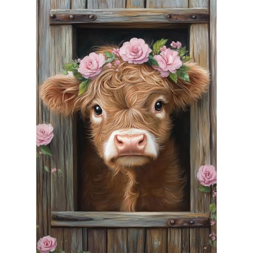 Bowetile 5D DIY Diamond Painting Niedliche Kuh, Tier-Diamond-Art-Malerei-Sets für Erwachsene, Komplette Strassbilder Blumen-Bilder mit Strasssteinen für Anfänger, Wanddekoration für Zuhause 30x40 cm von Bowetile
