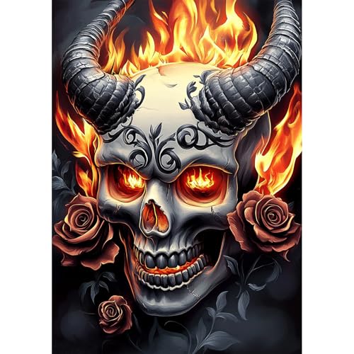 Bowetile 5D Diamond Painting Bilder Totenkopf, Flamme Diamond Painting Set für Erwachsene und Kinder, Komplettes DIY Rose Diamond Art Malen Stickset für Kreuzstichbilder, Wohnkultur 30x40 cm von Bowetile