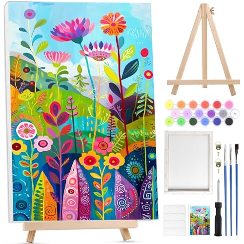 Bowetile Bunte Blumen Malen nach Zahlen für Erwachsene mit Rahmen, Landschaften Malen nach Zahlen mit Holzstaffelei für Anfänger Leinwand Kit, DIY Acryl-Pigment Malvorlage für Home Décor, 20x30 cm von Bowetile