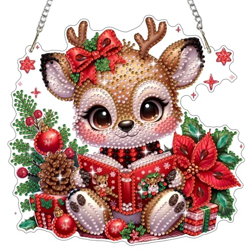 Bowetile Diamond Painting Anhänger Blumen Rentier, Weihnachten Diamond Painting Fensterbilder für Erwachsene, Kinder Hängende Ornament Motive Bastelset für Wand Fenster Garten, Decor Geschenk von Bowetile