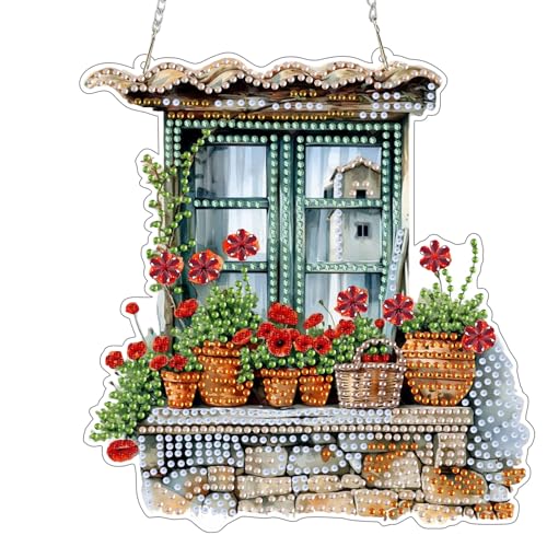 Bowetile Diamond Painting Anhänger Fensterblumen, Diamond Painting Erwachsene Kinder Anhänger mit Kette, Hängende Ornament Motive Bastelset für Fensterbilder Wand Tür Garten, Decor Geschenk von Bowetile