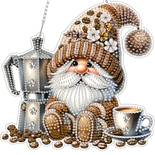 Bowetile Diamond Painting Anhänger Gnom und Kaffee, Gnome Diamond Painting Erwachsene Kinder Anhänger mit Kette, Hängende Ornament Motive Bastelset für Fensterbilder Wand Tür Garten, Decor Geschenk von Bowetile