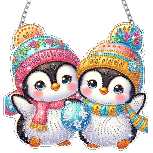 Bowetile Diamond Painting Anhänger Pinguin, Weihnachten Diamond Painting Fensterbilder für Erwachsene, Kinder Hängende Ornament Motive Bastelset für Wand Fenster Garten, Decor Geschenk5 von Bowetile