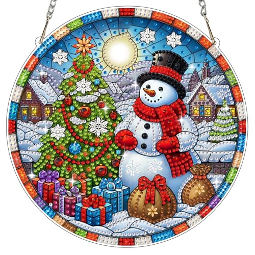 Bowetile Diamond Painting Anhänger Schneemann, Weihnachtsbäumen Diamond Painting Fensterbilder für Erwachsene, Kinder Hängende Ornament Motive Bastelset für Wand Fenster Garten, Decor Geschenk von Bowetile