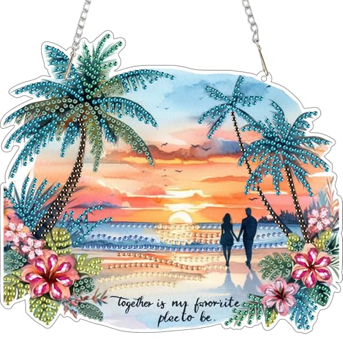 Bowetile Diamond Painting Anhänger Sonnenuntergang Paar, Diamond Painting Erwachsene Kinder Anhänger mit Kette, Hängende Ornament Motive Bastelset für Fensterbilder Wand Tür Garten, Decor Geschenk von Bowetile