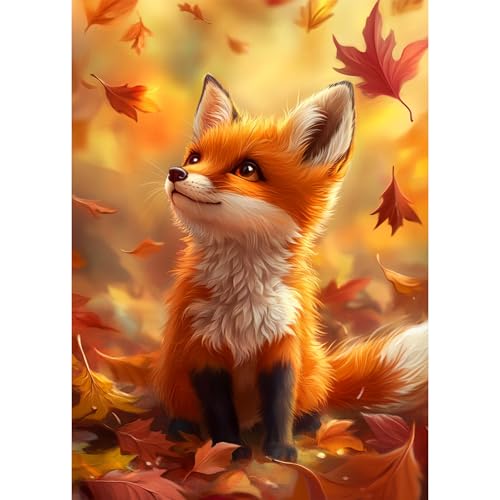 Bowetile Diamond Painting Niedlicher Fuchs, Tier-Diamond-Art-Malerei-Sets für Erwachsene, Komplette Strassbilder Herbstblätter-Bilder mit Strasssteinen für Anfänger, Wandschmuck für Zuhause 30x40 cm von Bowetile