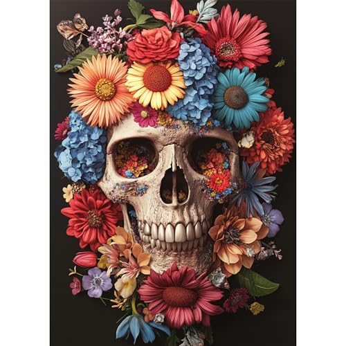 Bowetile Diamond Painting Schädel, Blumen-Diamond-Art-Malerei-Sets für Erwachsene, Komplette Strassbilder Blumen-Schädel-Bilder mit Strasssteinen für Anfänger, Wanddekoration für Zuhause 30x40 cm von Bowetile