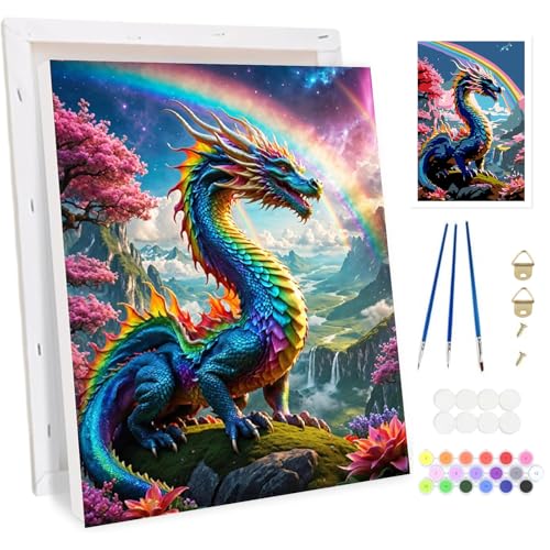 Bowetile Drache Malen nach Zahlen für Erwachsene mit Rahmen, Tiere Malen nach Zahlen Set für Anfänger Leinwand Kit,Gemäide Bastelset auf Leinwand mit Pinseln und Acrylpigment für Home Decor 20x30cm von Bowetile