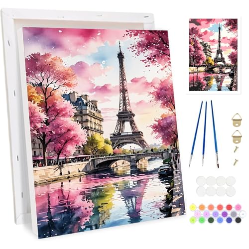 Bowetile Eiffelturm Malen nach Zahlen für Erwachsene mit Rahmen, Malen nach Zahlen Set für Anfänger Leinwand Kit,Gemäide Bastelset auf Leinwand mit Pinseln und Acrylpigment für Home Decor 20x30cm von Bowetile