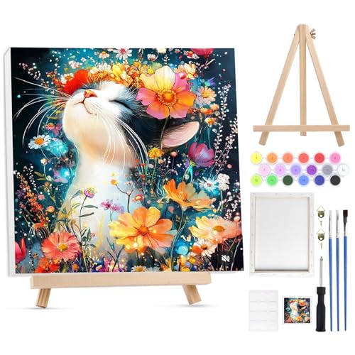 Bowetile Halloween Blume Katze Malen nach Zahlen für Erwachsene mit Rahmen,Malen nach Zahlen mit Holzstaffelei für Anfänger Leinwand Kit,Gemäide Bastelset auf Leinwand mit Pinseln Home Decor 20x30cm von Bowetile