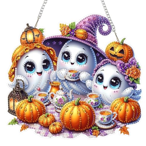 Bowetile Halloween Diamond Painting Anhänger Geist, Geist Diamond Painting Erwachsene Kinder Anhänger mit Kette, Hängende Ornament Motive Bastelset für Fensterbilder Wand Tür Garten, Decor Geschenk von Bowetile