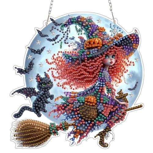Bowetile Halloween Diamond Painting Anhänger Hexe, Mädchen Diamond Painting Erwachsene Kinder Anhänger mit Kette, Hängende Ornament Motive Bastelset für Fensterbilder Wand Tür Garten, Decor Geschenk von Bowetile