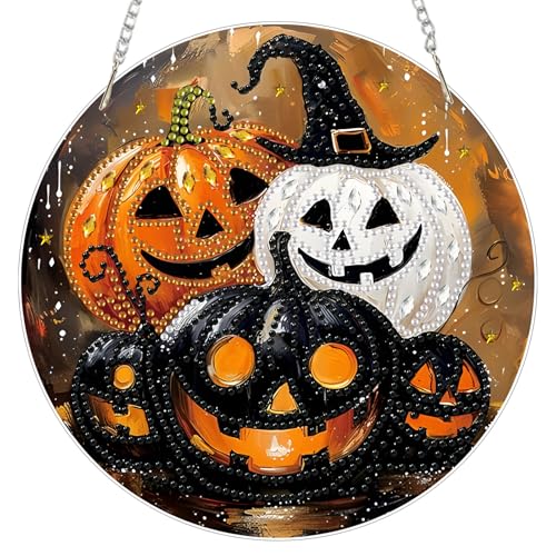 Bowetile Halloween Diamond Painting Anhänger Kürbis, Herbst Diamond Painting Fensterbilder für Erwachsene, Kinder Hängende Ornament Herbst Motive Bastelset für Wand Fenster Garten, Decor Geschenk von Bowetile
