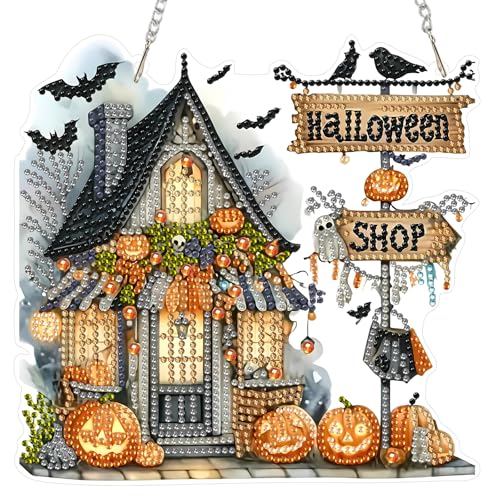 Bowetile Halloween Diamond Painting Anhänger Kürbishaus, Diamond Painting Erwachsene Kinder Anhänger mit Kette, Hängende Ornament Motive Bastelset für Fensterbilder Wand Tür Garten, Decor Geschenk von Bowetile