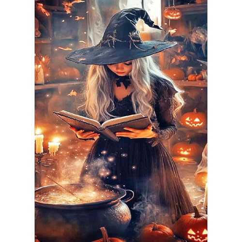 Bowetile Halloween Diamond Painting Hexe Erwachsene, Kürbis mit Zauberhexe mit Strasssteinen für Anfänger, Diamant Painting Bilder Erwachsene, Diamond-Painting Arts Craft für Home Wand Decor 30x40cm von Bowetile