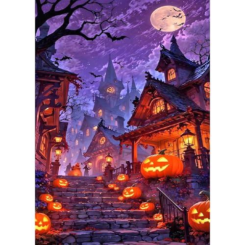 Bowetile Halloween Diamond Painting Kürbis-Haus Erwachsene, Nachtszene mit Strasssteinen für Anfänger, Diamant Painting Bilder Erwachsene, DIY Diamond-Painting Arts Craft für Home Wand Decor 30x40cm von Bowetile