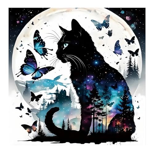 Bowetile Halloween Diamond Painting Schwarze Katze Erwachsene, Nachtszene Mond Schmetterling mit Strasssteinen für Anfänger, Diamant Painting Bilder Erwachsene, für Home Wand Decor 30x30cm von Bowetile