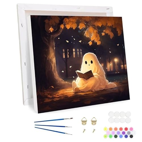 Bowetile Halloween Geist Malen nach Zahlen für Erwachsene mit Rahmen, Malen nach Zahlen Set für Anfänger Leinwand Kit,Gemäide Bastelset auf Leinwand mit Pinseln und Acrylpigment Home Decor 20x30cm von Bowetile