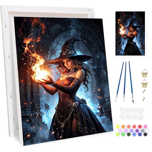Bowetile Halloween Hexe Malen nach Zahlen für Erwachsene mit Rahmen, Malen nach Zahlen Set für Anfänger Leinwand Kit,Gemäide Bastelset auf Leinwand mit Pinseln und Acrylpigment für Home Decor 20x30cm von Bowetile