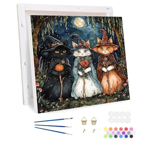 Bowetile Halloween Katze Halloween Malen nach Zahlen für Erwachsene mit Rahmen, Tiere Malen nach Zahlen Set für Anfänger Leinwand Kit,Gemäide Bastelset auf Leinwand mit Pinseln Home Decor 20x30cm von Bowetile