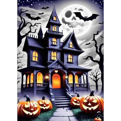 Bowetile Halloween Kürbis-Haus Diamond Painting Erwachsene, Nachtszene Mond mit Strasssteinen für Anfänger, Diamant Painting Bilder Erwachsene, Diamond-Painting Arts Craft für Home Wand Decor 30x40cm von Bowetile