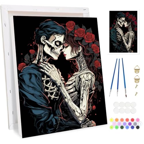 Bowetile Halloween Skeleton Malen nach Zahlen für Erwachsene mit Rahmen, Malen nach Zahlen Set für Anfänger Leinwand Kit,Gemäide Bastelset auf Leinwand mit Pinseln und Acrylpigment Home Decor 20x30cm von Bowetile