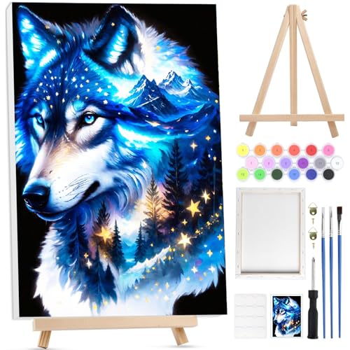 Bowetile Wolf Malen nach Zahlen für Erwachsene mit Rahmen, Tiere Malen nach Zahlen mit Holzstaffelei für Anfänger Leinwand Kit, DIY Acryl-Pigment Malvorlage für Home Décor, 20x30 cm von Bowetile