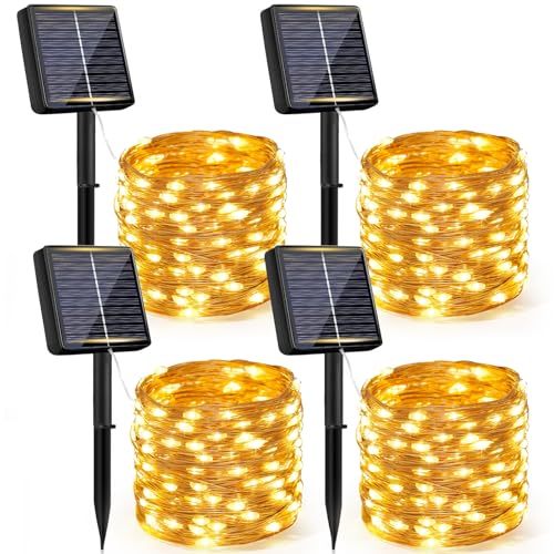 Bowfar 4 Stück Solar Lichterkette Aussen, 12M 120LED Lichterkette Solar Außen Wetterfest 8 Modi Kupferdraht Warmweiß Lichterkette Outdoor für Garten Balkon Terrasse Hochzeit Party Weihnachten Deko von Bowfar