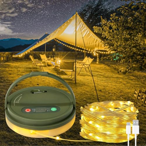 Bowfar Camping Lichterkette Aufrollbar, 10M 130 LED Lichterkette Außen mit USB Wiederaufladbare, 2-in-1 Alpenwolken Tragbare Campinglampe Taschenlampe für Camping Zelt Wandern Hof von Bowfar