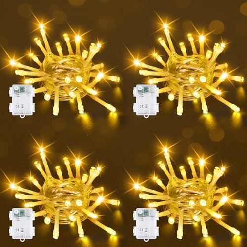 Bowfar Lichterkette Außen Batterie, 2M 20LED Warmweiß Lichterkette mit 6h Timer, IP65 Wasserdicht Lichterkette Batterie für Innen Zimmer Party Weihnachten Outdoor (4 Stücke, Durchsichtigen Kabel) von Bowfar