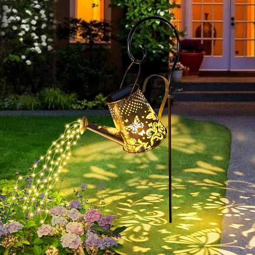 Solar Gießkanne Lichterkette Aussen, Wasserdicht Solarlampen für Außen Gießkannenlicht Lichter, Schmetterling Vintage Gartendeko für Draußen mit Schäferhaken für Garten Hofweg Balkon Terrasse von Bowfar