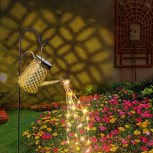 Solar Gießkanne Lichterkette Gartendeko Draußen, Solarlampen für Außen Giesskanne Lichter mit Schäferhaken Metall Vintage Wasserfall Duschlicht Solarleuchten Garten für Balkon Rasen Terrasse von Bowfar