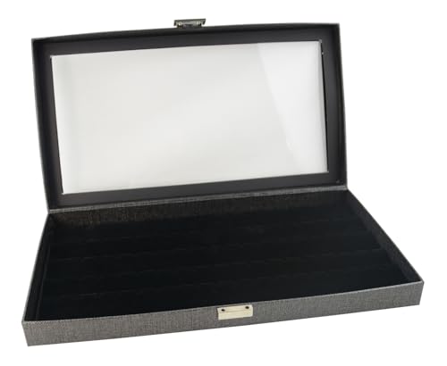 Graue Kunstleder-Vitrine mit Auswahl von Ring, Ohrringen, Anhängern, Halsketten, Münzen, Uhren-Display-Einsatz (Etui mit schwarzem Samt, 45 Paar Ohrringpolster) von Box Displays