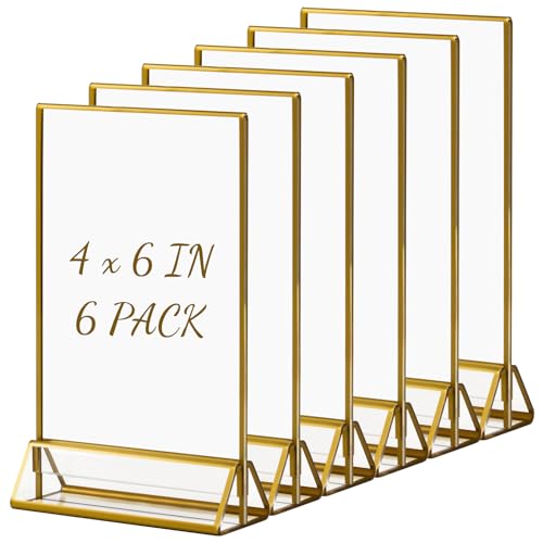 Boxalls Goldener doppelseitiger Bilderrahmen- 6 Pack, 10x15 cm Acryl klar Bild Tischkartenhalter vertikale Stand, Aufsteller im Staffelei-Stil Menü Halter Display für Hochzeit Tischnummer, Foto von Boxalls