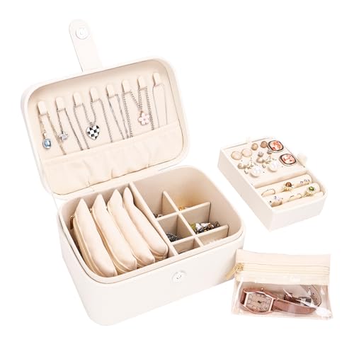 Boxudeli 2 Ebenen Schmuckkästchen mit 4 Schmuckbeuteln aus Samt, großer Reise Schmuckkästchen Klein, mittelgroße Schmuckaufbewahrungsbox, tragbare Schmuckschatulle aus PU-Leder für Damen (Beige) von Boxudeli