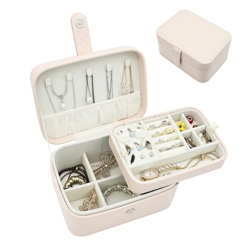 Boxudeli Schmuckkästchen, 2-Ebenen Schmuck-Organizer, Mittelgroße Reise Schmuckschatulle, Tragbare Schmuckaufbewahrungsboxen aus Kunstleder mit Argyle-Muster für Damen (Aprikosenbeige) von Boxudeli