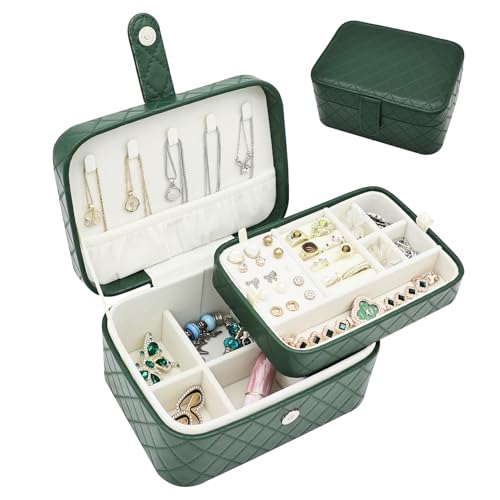 Boxudeli Schmuckkästchen, 2-Ebenen Schmuck-Organizer, Mittelgroße Reise Schmuckschatulle, Tragbare Schmuckaufbewahrungsboxen aus Kunstleder mit Argyle-Muster für Damen (Dunkelgrün) von Boxudeli