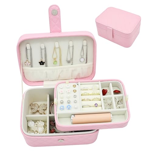 Boxudeli Schmuckkästchen, 2-Ebenen Schmuck-Organizer, Mittelgroße Reise Schmuckschatulle, Tragbare Schmuckaufbewahrungsboxen aus Kunstleder mit Argyle-Muster für Damen (Pfirsichrosa) von Boxudeli