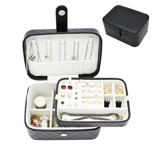 Boxudeli Schmuckkästchen, 2-Ebenen Schmuck-Organizer, Mittelgroße Reise Schmuckschatulle, Tragbare Schmuckaufbewahrungsboxen aus Kunstleder mit Argyle-Muster für Damen (Reinschwarz) von Boxudeli