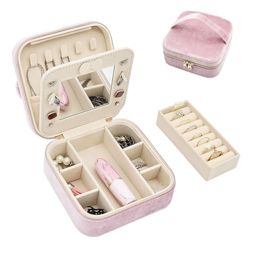 Boxudeli Schmuckkästchen Reise, Schmuckkasten aus Samt mit Spiegel, kleine Schmuckaufbewahrungsboxen für Frauen, Schmuckschatulle für Ringe, Ohrringe, Halsketten und Armbänder (Rosa) von Boxudeli
