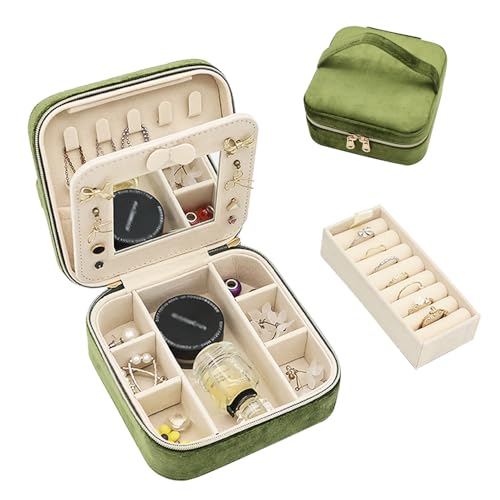 Boxudeli Schmuckkästchen Reise, Schmuckkasten aus Samt mit Spiegel, kleine Schmuckaufbewahrungsboxen für Frauen, Schmuckschatulle für Ringe, Ohrringe, Halsketten und Armbänder (olivgrün) Boxudeli Schmuckkästchen Reise, Schmuckkasten aus Samt mit Spiegel, kleine Schmuckaufbewahrungsboxen für Frauen, Schmuckschatulle für Ringe, Ohrringe, Halsketten und Armbänder (olivgrün) von Boxudeli