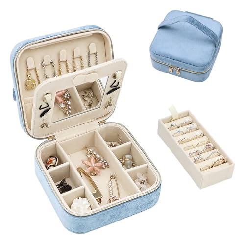 Boxudeli Schmuckkästchen Reise, Schmuckkasten aus Samt mit Spiegel, kleine Schmuckaufbewahrungsboxen für Frauen, Schmuckschatulle für Ringe, Ohrringe, Halsketten und Armbänder (Nebelblau) Boxudeli Schmuckkästchen Reise, Schmuckkasten aus Samt mit Spiegel, kleine Schmuckaufbewahrungsboxen für Frauen, Schmuckschatulle für Ringe, Ohrringe, Halsketten und Armbänder (Nebelblau) von Boxudeli
