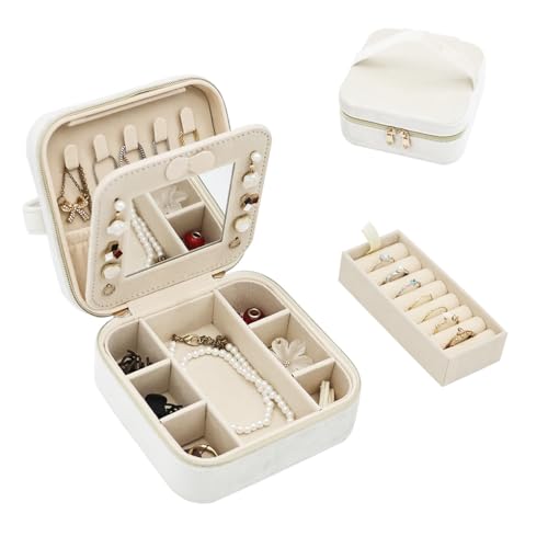 Boxudeli Schmuckkästchen Reise, Schmuckkasten aus Samt mit Spiegel, kleine Schmuckaufbewahrungsboxen für Frauen, Schmuckschatulle für Ringe, Ohrringe, Halsketten und Armbänder (Beige) Boxudeli Schmuckkästchen Reise, Schmuckkasten aus Samt mit Spiegel, kleine Schmuckaufbewahrungsboxen für Frauen, Schmuckschatulle für Ringe, Ohrringe, Halsketten und Armbänder (Beige) von Boxudeli