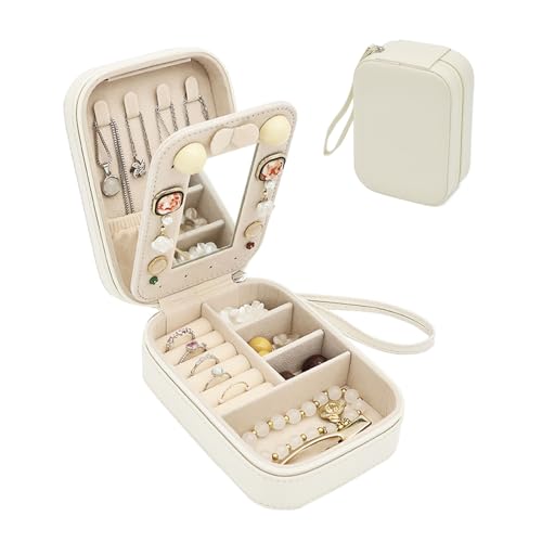 Boxudeli schmuckkästchen klein mit Handschlaufe, kleine Schmuckschatulle aus PU-Leder mit Spiegel, Reiseschmuckschatullen für Frauen und Mädchen, Schmuckorganizer-Aufbewahrungsbox (beige) von Boxudeli