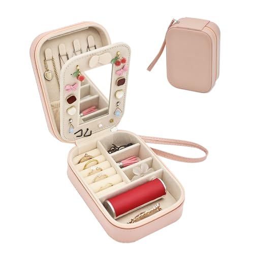 Boxudeli schmuckkästchen klein mit Handschlaufe, kleine Schmuckschatulle aus PU-Leder mit Spiegel, Reiseschmuckschatullen für Frauen und Mädchen, Schmuckorganizer-Aufbewahrungsbox (dreckig pink) von Boxudeli