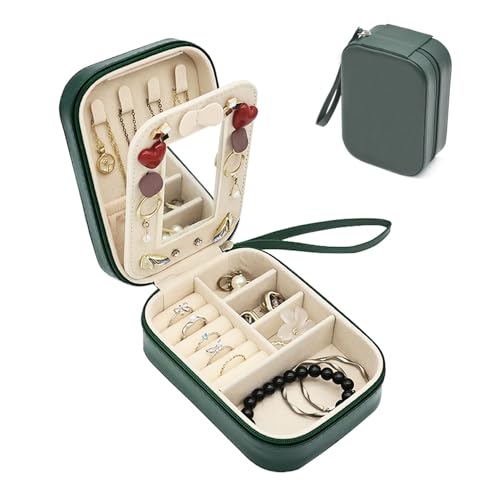 Boxudeli schmuckkästchen klein mit Handschlaufe, kleine Schmuckschatulle aus PU-Leder mit Spiegel, Reiseschmuckschatullen für Frauen und Mädchen, Schmuckorganizer-Aufbewahrungsbox (dunkelgrün) von Boxudeli