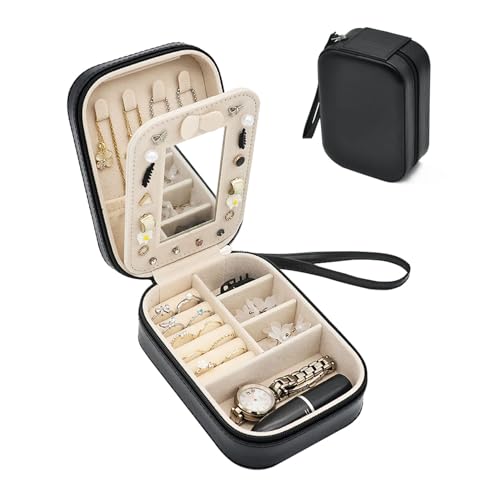 Boxudeli schmuckkästchen klein mit Handschlaufe, kleine Schmuckschatulle aus PU-Leder mit Spiegel, Reiseschmuckschatullen für Frauen und Mädchen, Schmuckorganizer-Aufbewahrungsbox (schwarz) von Boxudeli